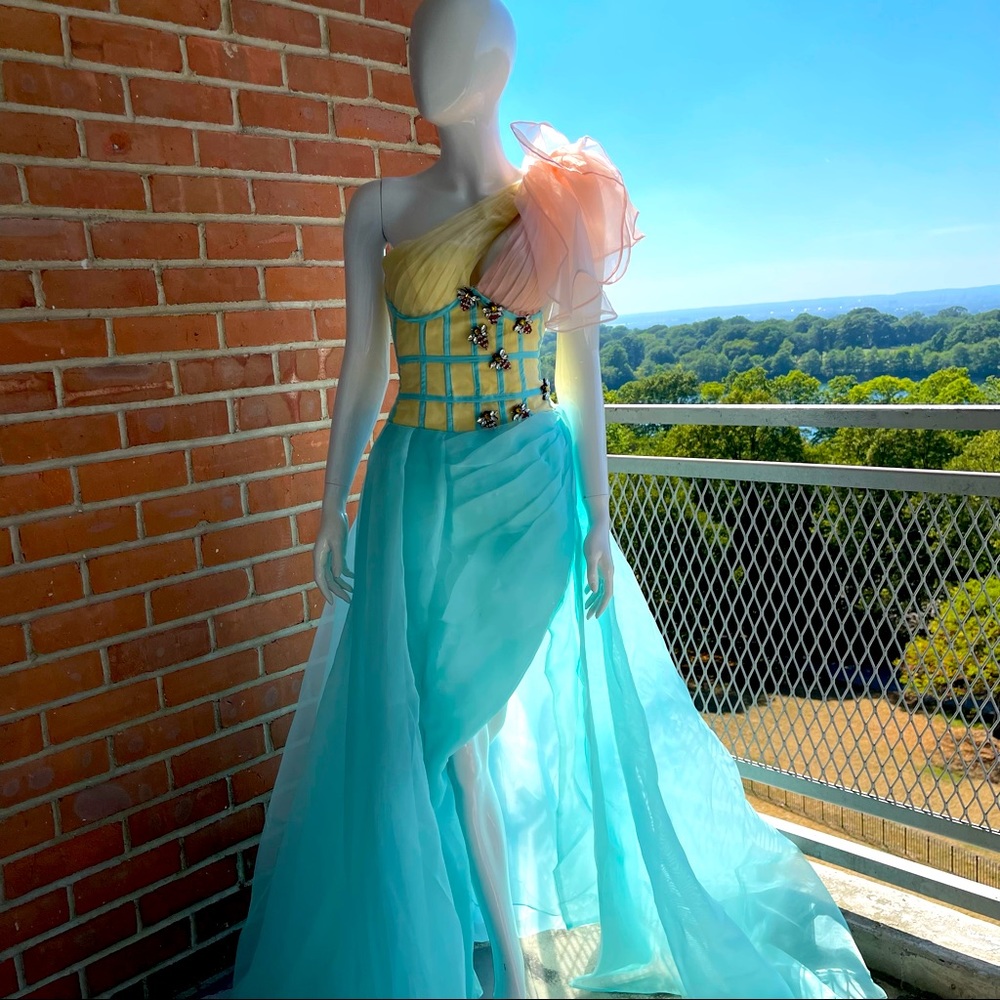 Embellished Tulle Sheer Gown - Blue/Pink/Yellow (Size 4)